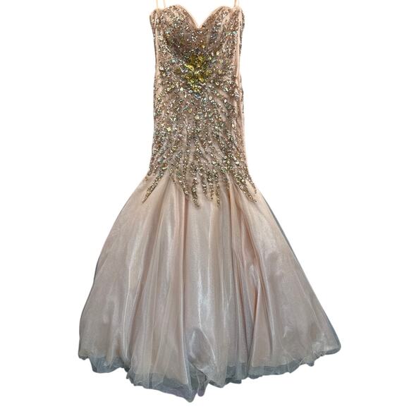 Light Peach Beaded Bodice Back Lace Up Formal Prom Pageant Dress Women 2 - Picture 1 of 12